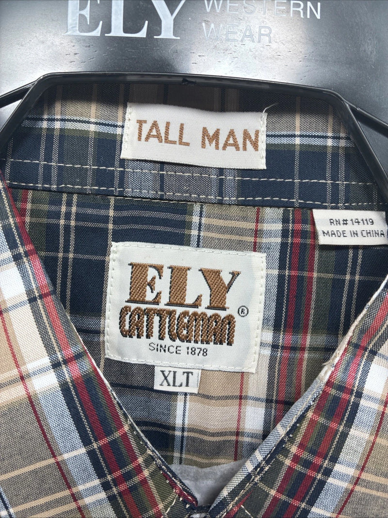 New Men’s ELY Cattleman Brown Blue Plaid Long Sleeve Pearl Snap XLT R-44