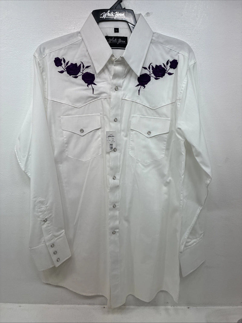 New Men’s White Horse White Purple Long Sleeve Pearl Snap Large MM-34