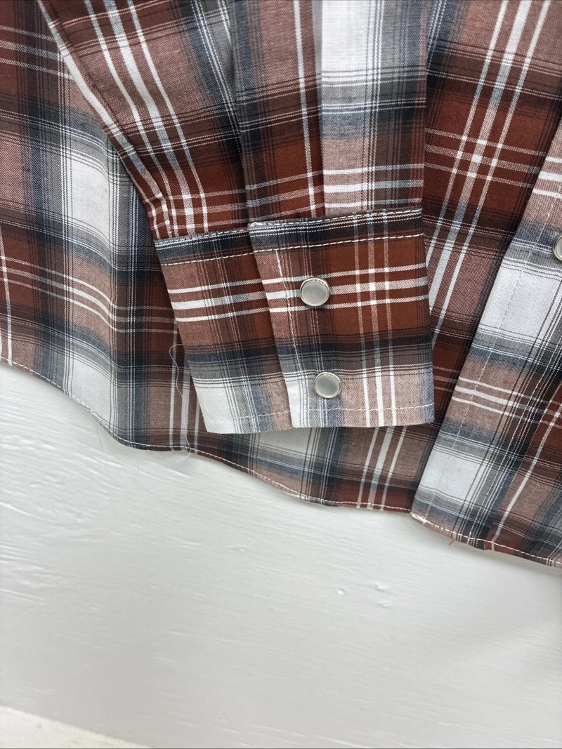 New Kids ELY Cattleman Orange Plaid Long Sleeve Pearl Snap Size 14 DD-38