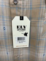 New Men’s ELY Cattleman Beige Flannel Design Long Sleeve Pearl Snap 2XL F-91