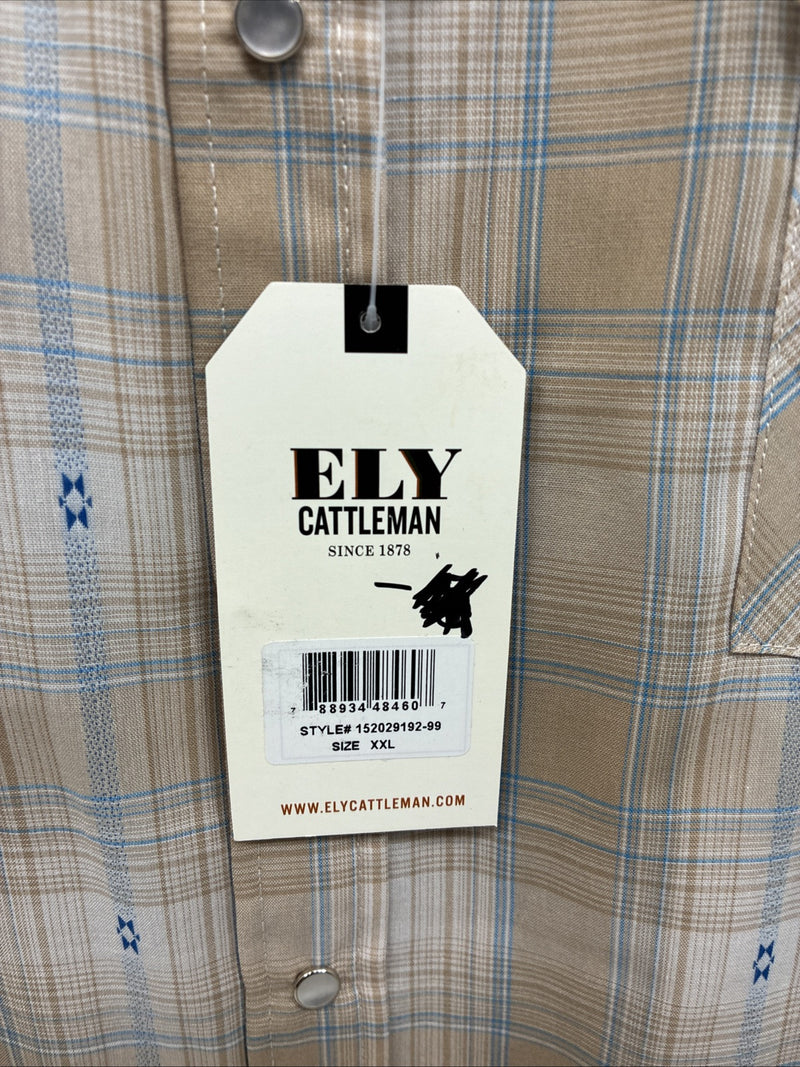 New Men’s ELY Cattleman Beige Flannel Design Long Sleeve Pearl Snap 2XL F-91