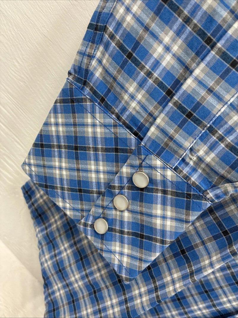 New Men’s White Horse Blue Plaid Long Sleeve Pearl Snap XL O-43