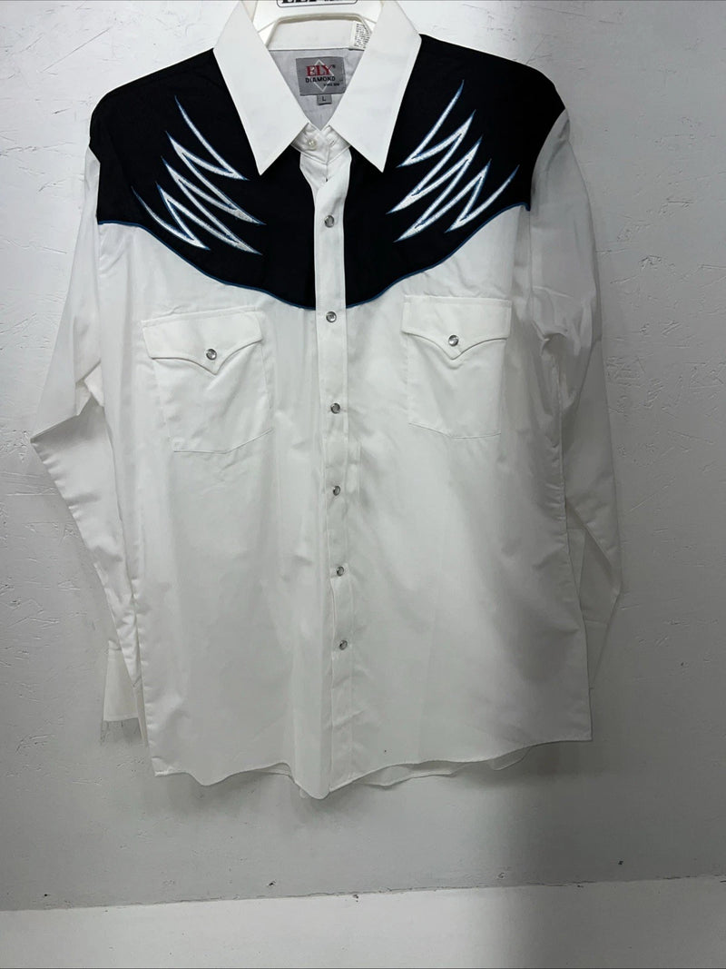 New Mens White ELY Diamond Long Sleeve Pearl Snap Shirt. Large P-56