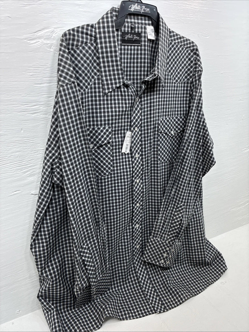 New Men’s White Horse Black White Checkered Long Sleeve Pearl Snap 3XL E-59