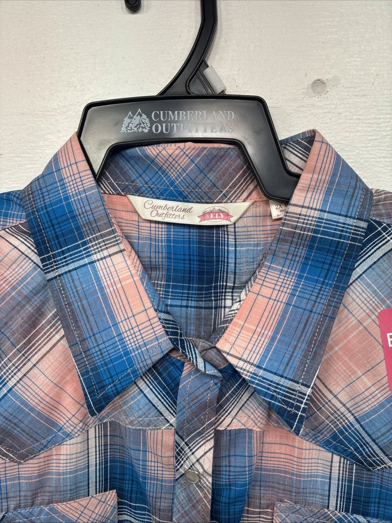 New Women’s Cumberland Pink Blue Plaid Long Sleeve Pearl Snap 2XL GG-80