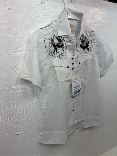 New Kids Rockmount White Black Design Short Sleeve Pearl Snap Size 32 CC-103
