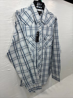 New Men’s ELY 1878 White Blue Plaid Long Sleeve Pearl Snap XL J-38