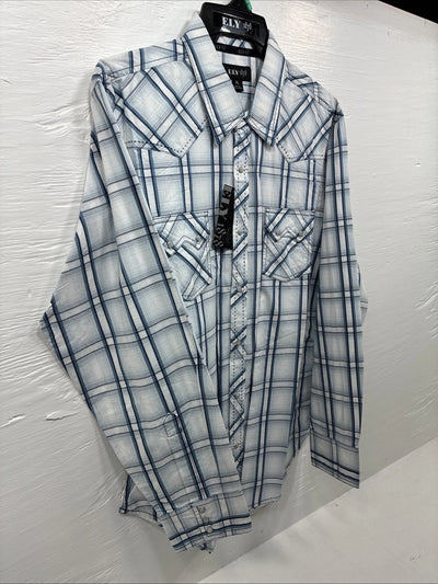 New Men’s ELY 1878 White Blue Plaid Long Sleeve Pearl Snap XL J-38
