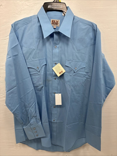 New Men’s ELY Cattleman Simple Blue Long Sleeve Pearl Snap 16.5 Large Q-86