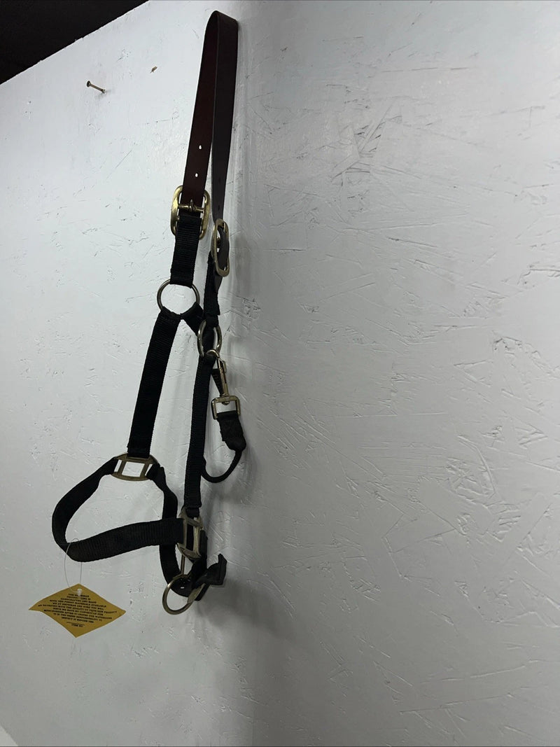 New Showman Nylon Black Halter With Genuine Leather Head Piece #6657 W-50