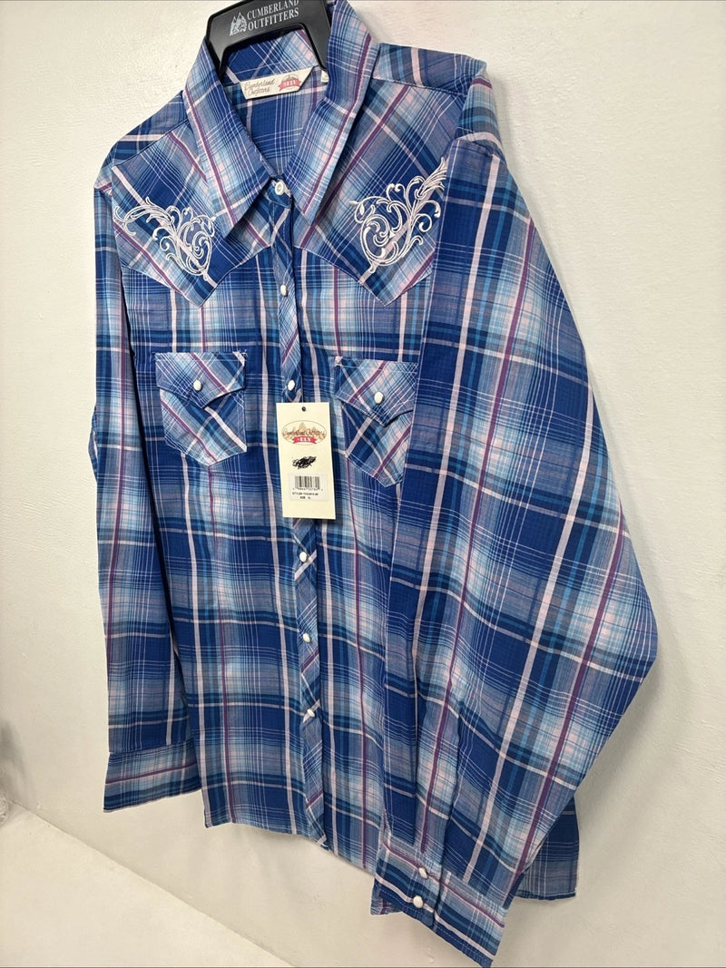 New Women’s Cumberland Blue Plaid Long Sleeve Pearl Snap XL GG-59
