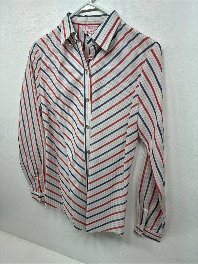 Me Siemens H Bar C Red Blue Stripe Long Sleeve Pearl Snap Size 34 LL-46