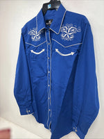 New Women’s Western Express Blue Design Long Sleeve Pearl Snap Large KK-73