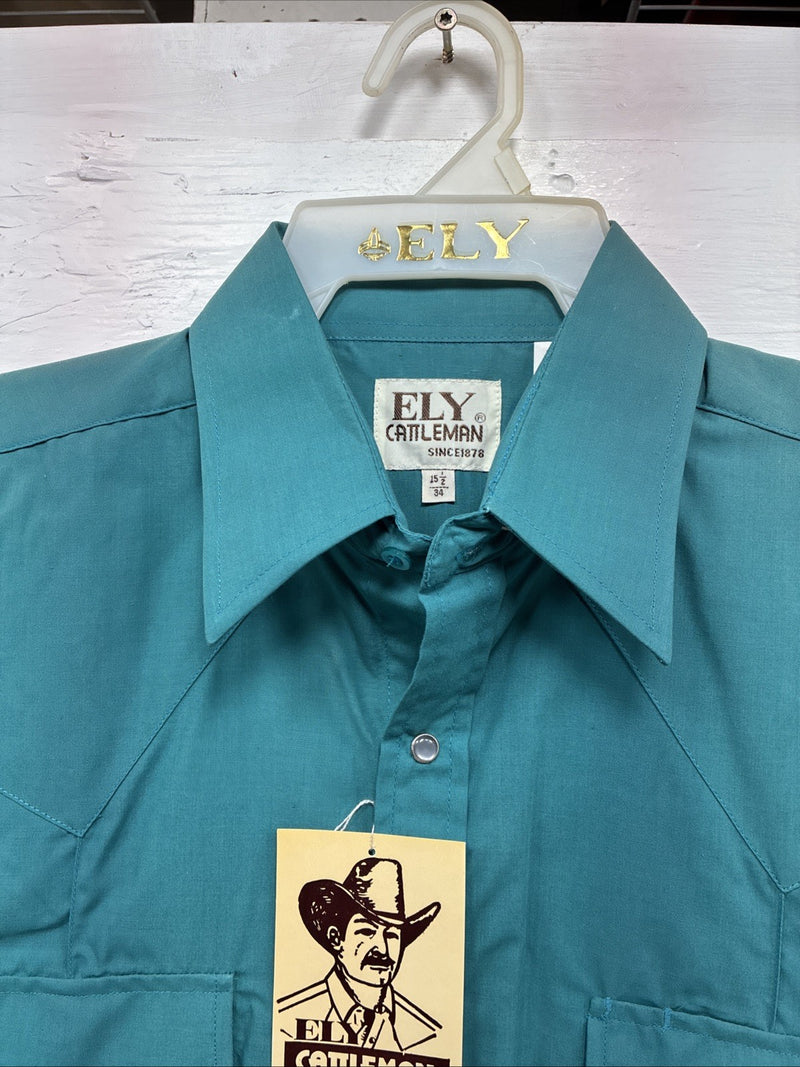 New Men’s ELY Cattleman Teal Simple Long Sleeve Pearl Snap Medium J-92