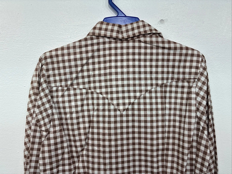 New Women’s Karman Brown Checkered Long Sleeve Pearl Snap Size 30 LL-54