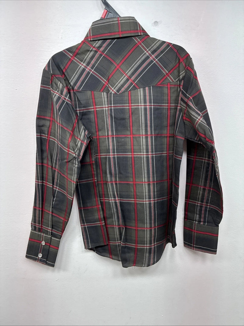 New Kids ELY Cattleman Green Plaid Long Sleeve Pearl Snap Small DD-127