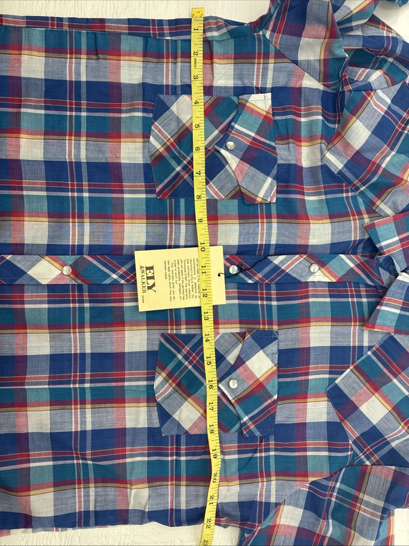 New Men’s ELY Cattleman Blue Multicolor Plaid Long Sleeve Pearl Snap Large X-17