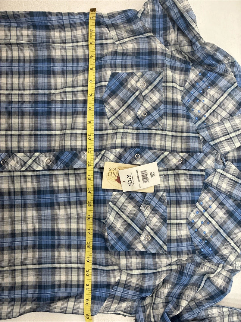 New Women’s Cumberland Blue Plaid Long Sleeve Pearl Snap 1XL GG-38