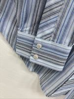 New Teens White Horse Blue Stripe Long Sleeve Pearl Snap Medium V-103