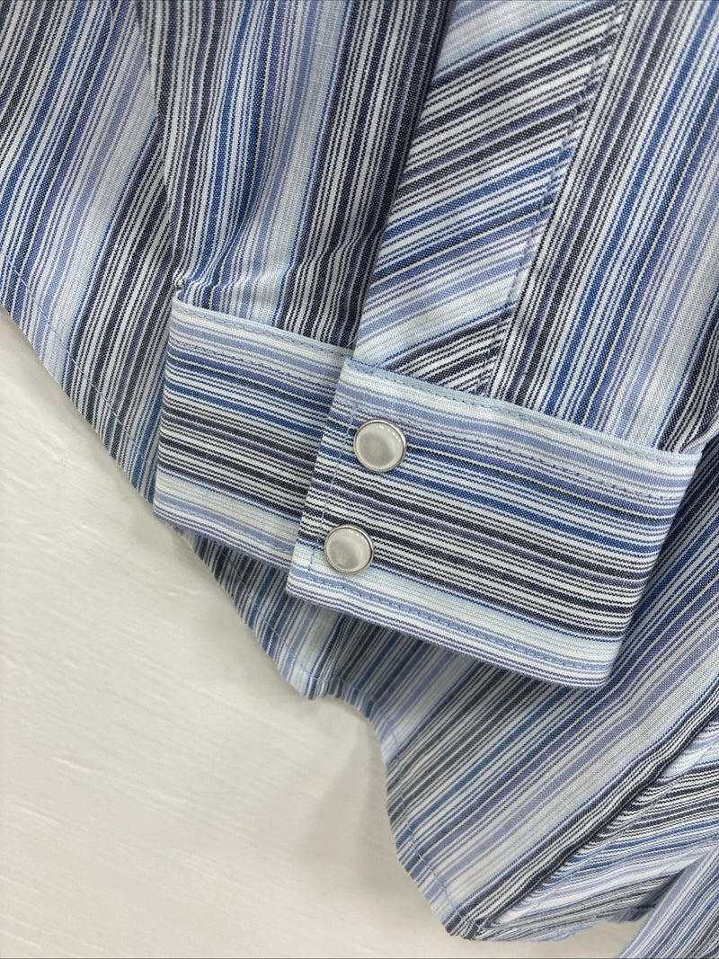 New Teens White Horse Blue Stripe Long Sleeve Pearl Snap Medium V-103