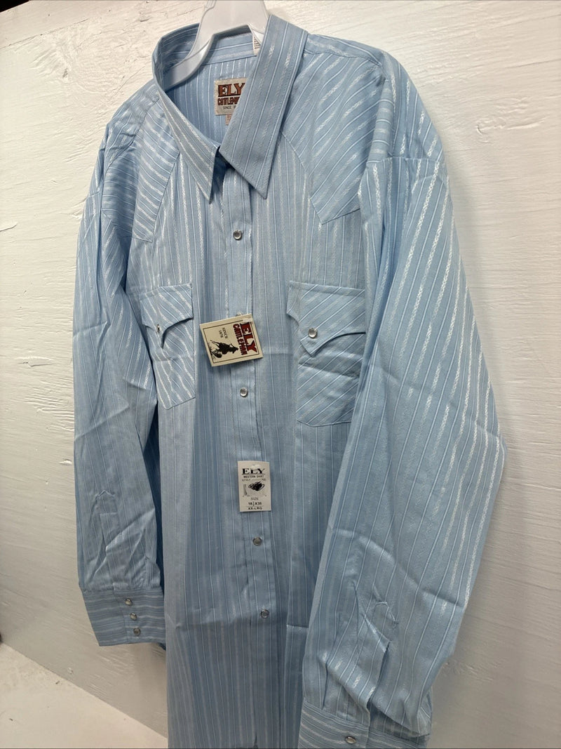 New Men’s ELY Cattleman Blue White Stripe Long Sleeve Pearl Snap 18.5 2XL O-27