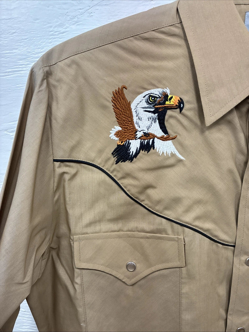 New Men’s ELY Cattleman Brown Eagle Design Long Sleeve Pearl Snap Medium J-95