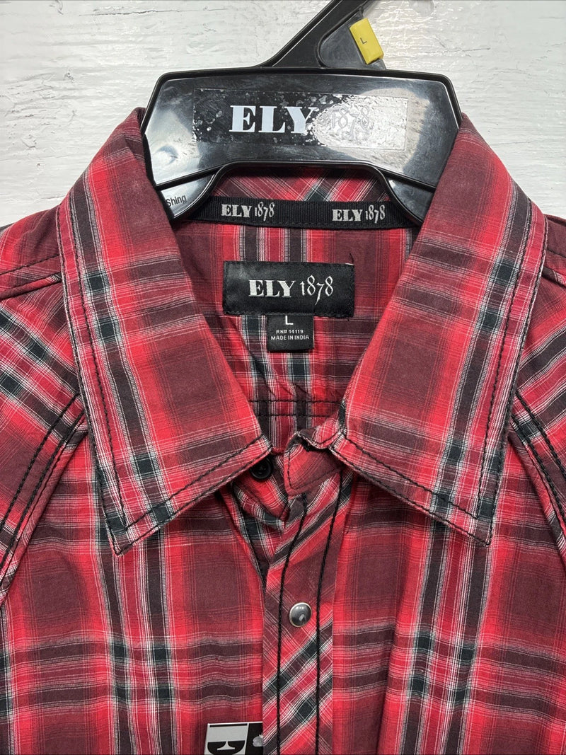 New Men’s ELY 1878 Red Black Plaid Long Sleeve Pearl Snap Large Q-51