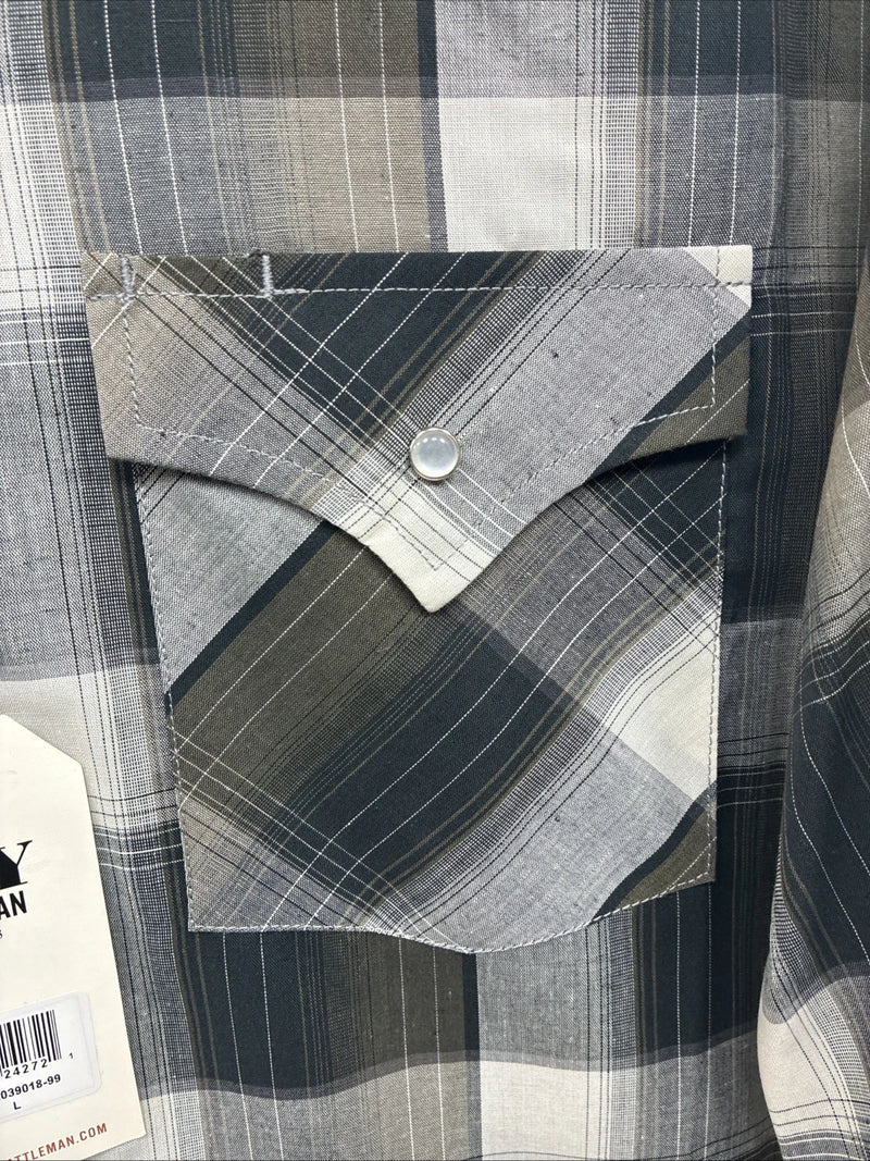New Men’s ELY Cattleman Green Gray Plaid Long Sleeve Pearl Snap Large X-27