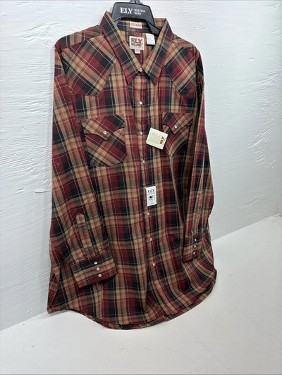 New Men’s ELY Cattleman Red Yellow Flannel Long Sleeve Pearl Snap 4XL E-97