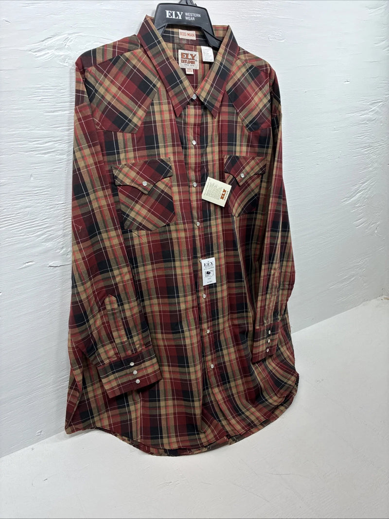 New Men’s ELY Cattleman Red Yellow Flannel Long Sleeve Pearl Snap 4XL E-97