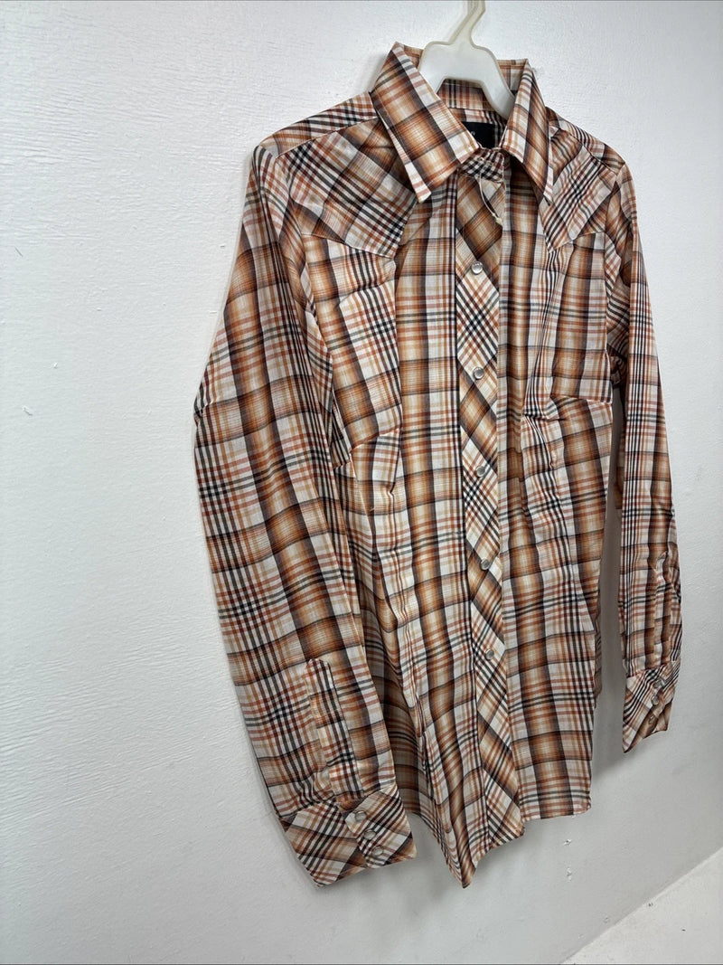 New Kids Panhandle Slim Orange Plaid Long Sleeve Pearl Snap 12 LL-36