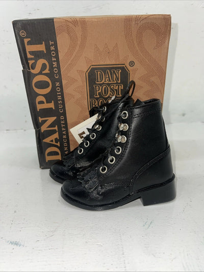New Infant Dan Post Black Ostrich Print Lace Up Cowboy Boots. 4 D. 24-1