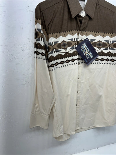 New Men’s White Brown Brooks&Dunn Pearl Snap Long Sleeve Shirt. 16.5x34 L I-36