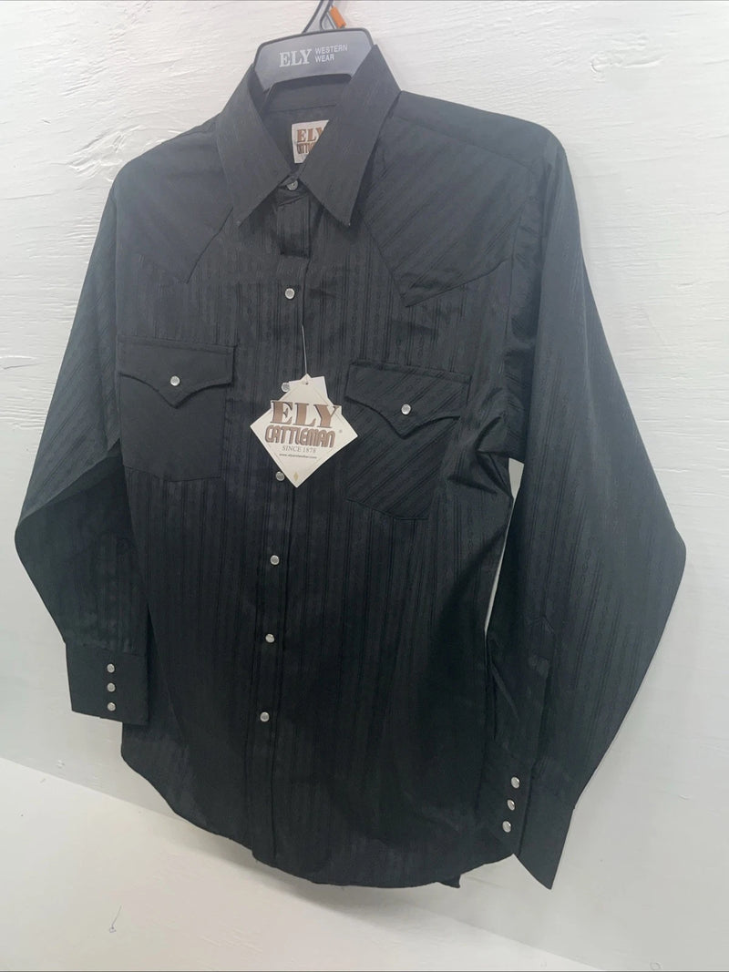 New Men’s ELY Cattleman Black Long Sleeve Pearl Snap 15.5 X 33 Medium B-115