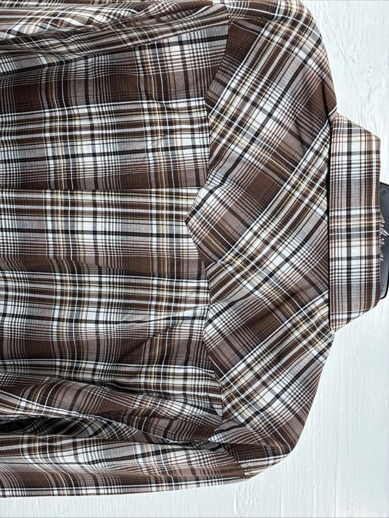 New Men’s White Horse Brown Plaid Long Sleeve Pearl Snap XL H-81