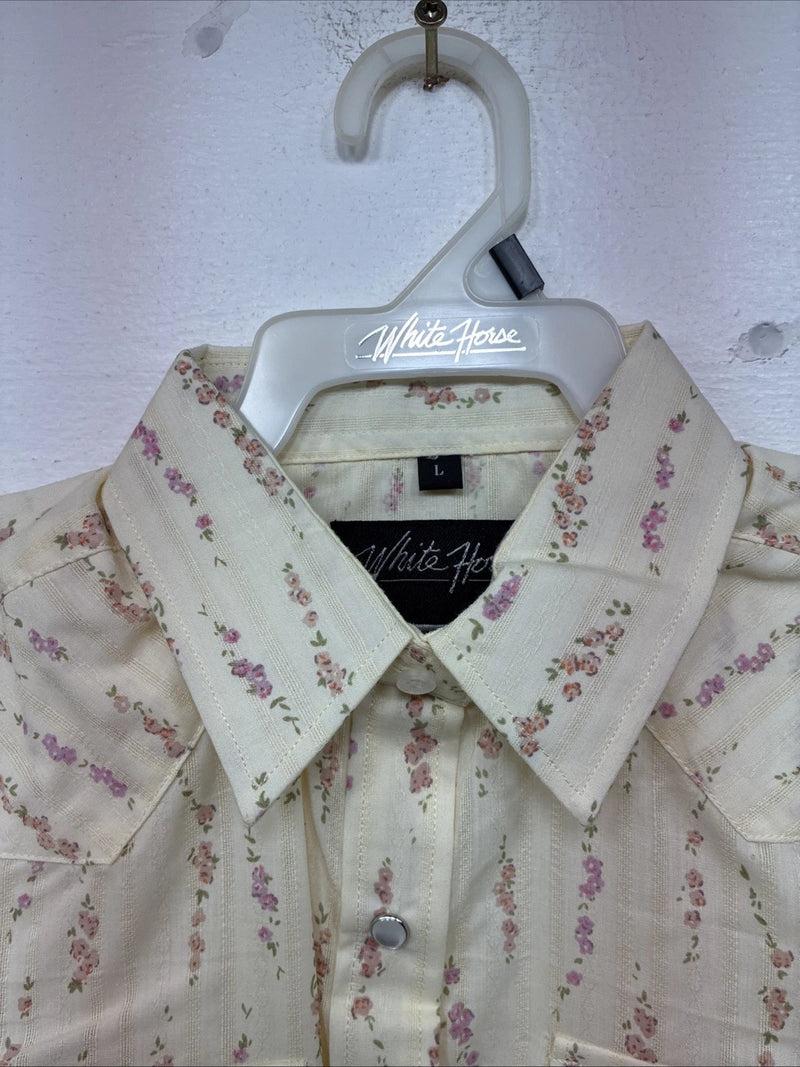 New Kids White Horse Floral Long Sleeve Pearl Snap Large MM-6