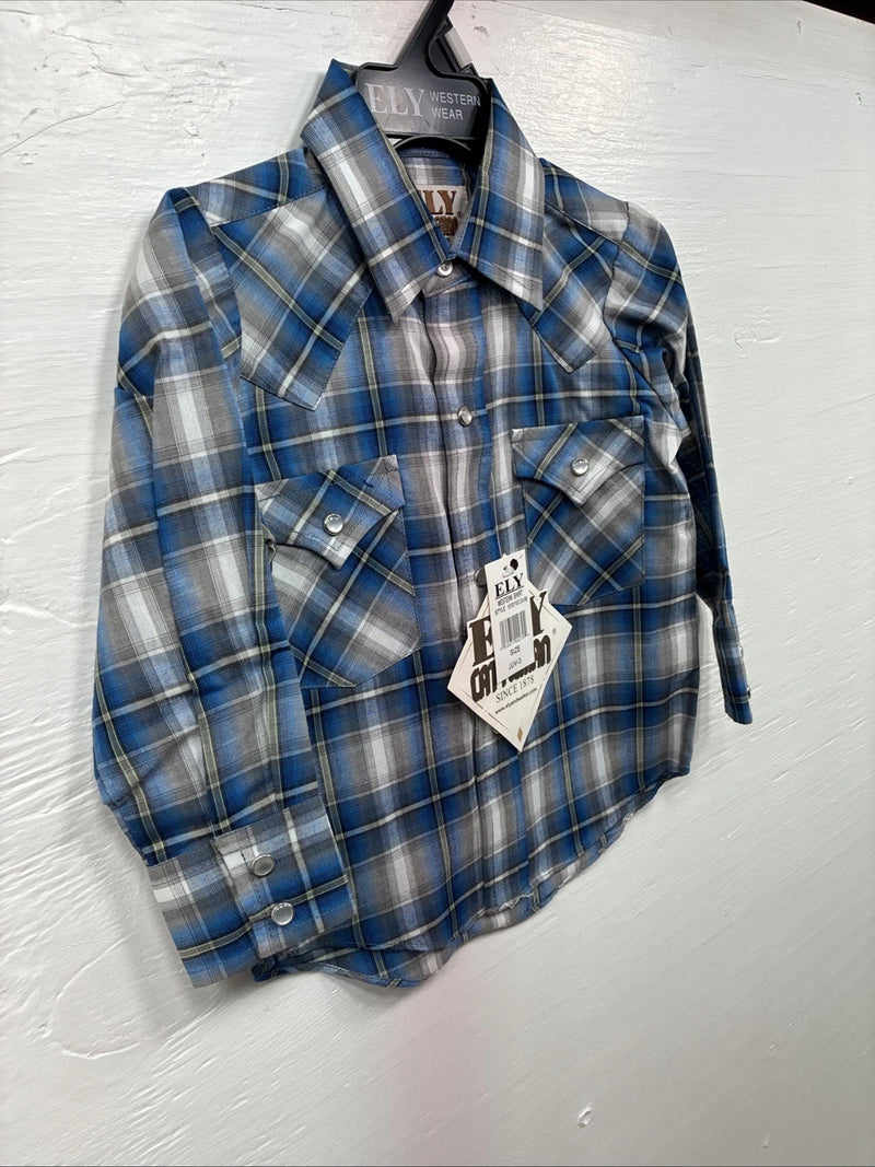 New Toddlers ELY Cattleman Blue Plaid Long Sleeve Pearl Snap JUV-3 DD-17