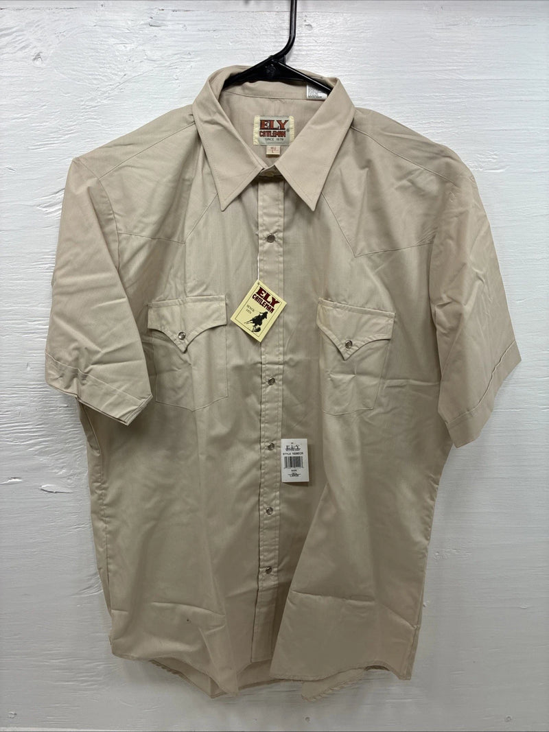 New Men’s ELY Cattleman Tan Short Sleeve Pearl Snap 16.5 Large CC-3