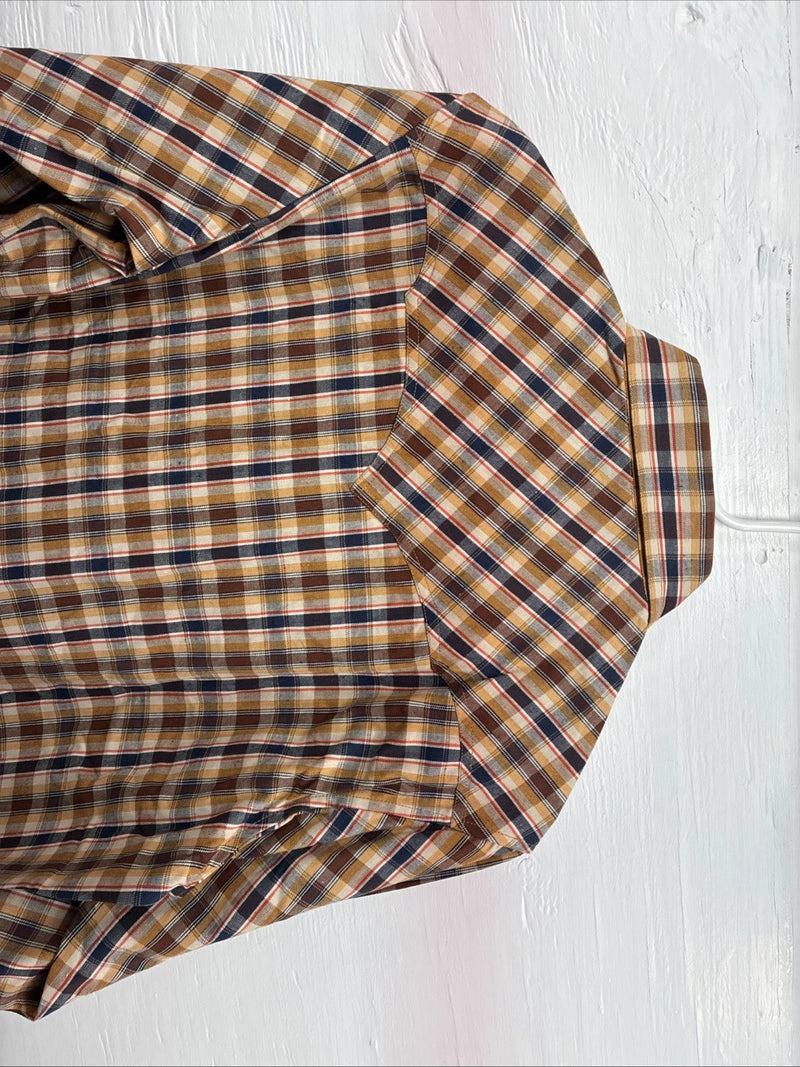 New Men’s Champion Western Yellow Brown Plaid Long Sleeve Pearl Snap Medium O-31