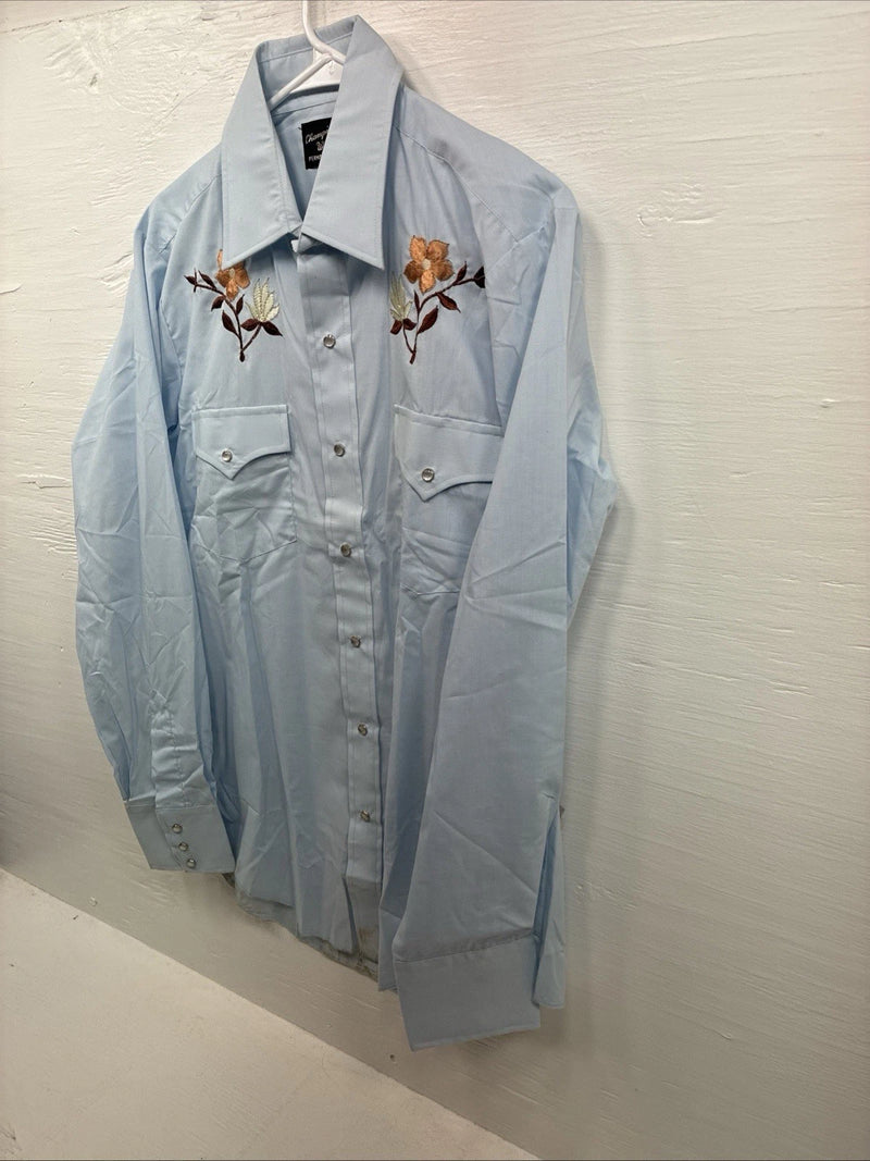 New Men’s Champion Western Blue Floral Long Sleeve Pearl Snap 16 Large AA-47