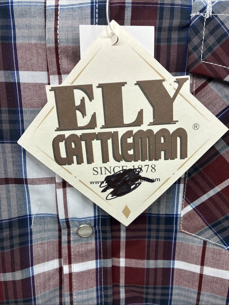 New Men’s ELY Cattleman Red White Plaid Short Sleeve Pearl Snap Large Tall X-66