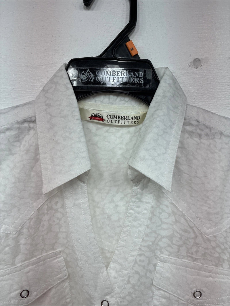 New Women’s Cumberland White Cheetah Print Long Sleeve Pearl Snap Medium LL-77