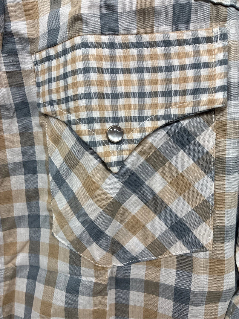 New Men’s Stockman Yellow Grey Plaid Long Sleeve Pearl Snap 14.5 Small X-37