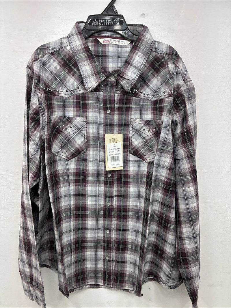 New Women’s Cumberland Purple Plaid Long Sleeve Pearl Snap 3XL GG-33