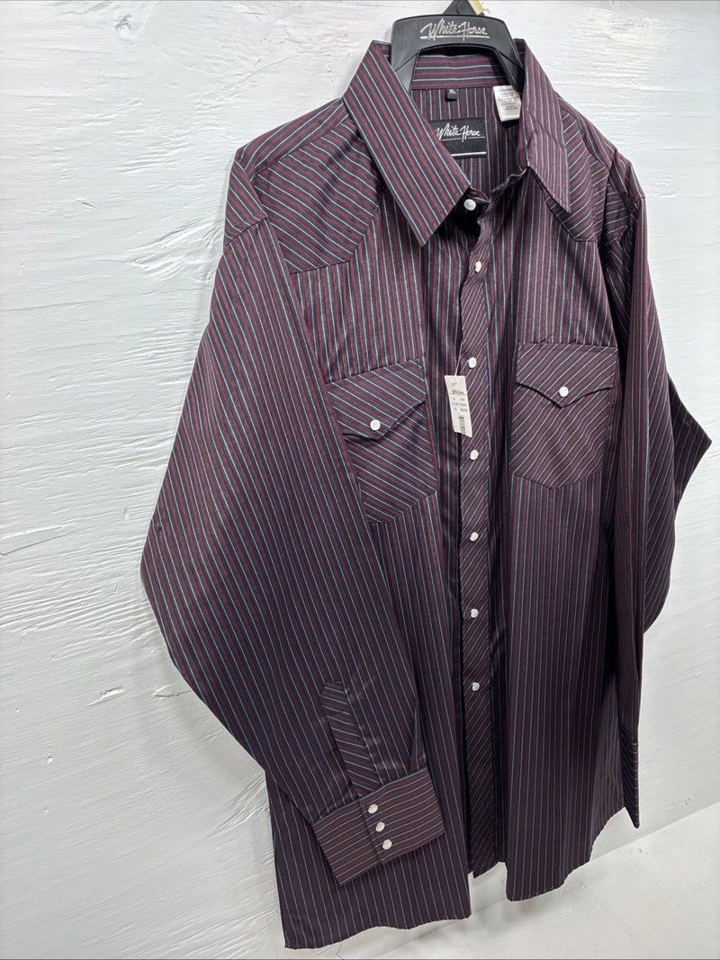 New Men’s White Horse Black Red Stripe Long Sleeve Pearl Snap XL H-77