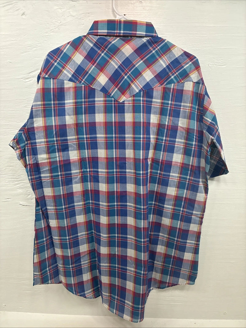 New Men’s ELY Cattleman Purple Multicolor Plaid Short Sleeve Pearl Snap XL R-54