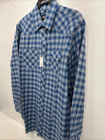 New Men’s White Horse Blue Plaid Long Sleeve Pearl Snap XL O-43