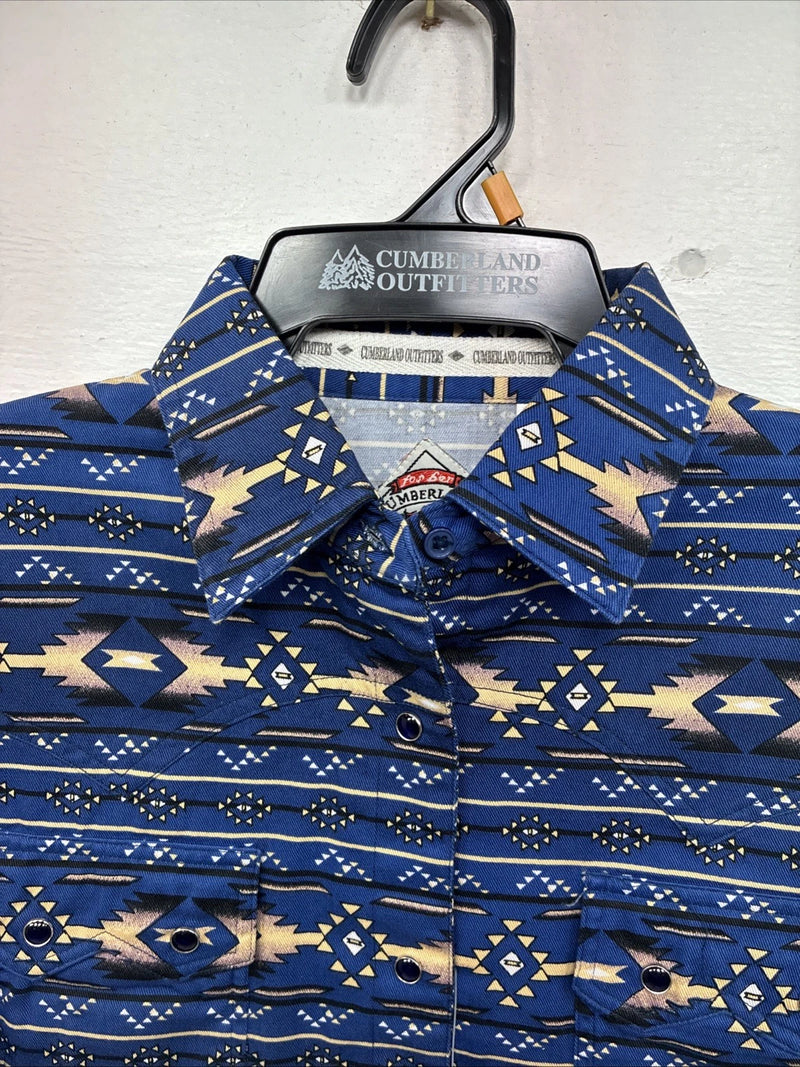 New Women’s Cumberland Blue Crop Top Short Sleeve Pearl Snap Medium LL-52