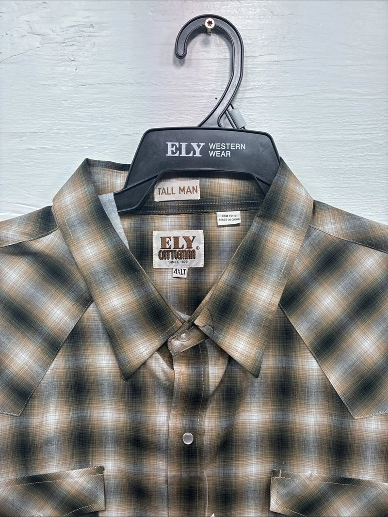 New Men’s ELY Cattleman Yellow Flannel Short Sleeve Pearl Snap 4XL F-51