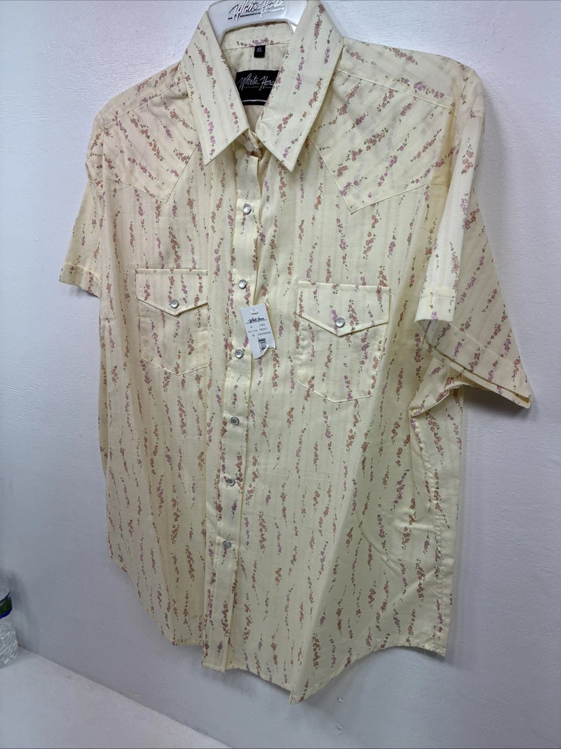 New Women’s White Horse Yellow Floral Short Sleeve Pearl Snap XL II-94